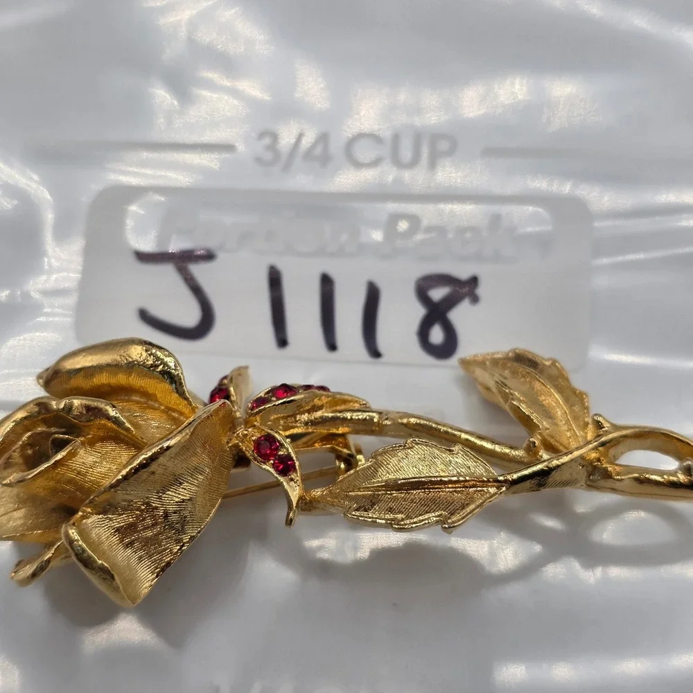 Gerrys Vintage Gold Tone Long Stem Rose Brooch Red Rhinestone Floral Pin